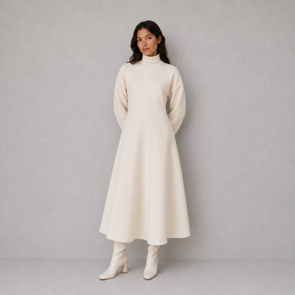 Beaufille Gauguin Neoprene Turtleneck Midi Dress In Ivory Womens 12 Long Sleeve